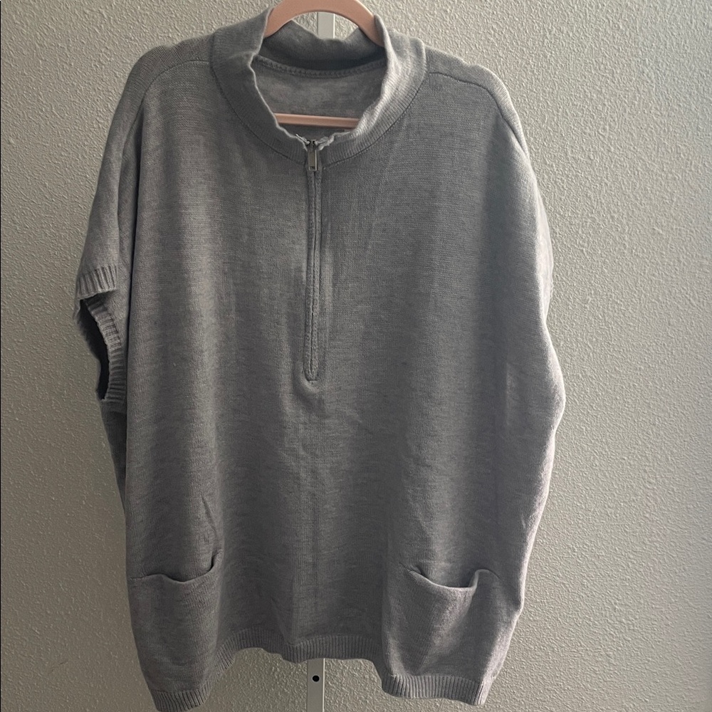 Women’s Gray Half-Zip Poncho Sweater with Front Pockets